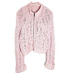Free People Zip Up Sweater Jackt Chunky Knit Boho Crop Long Sleeve Pink Size XL